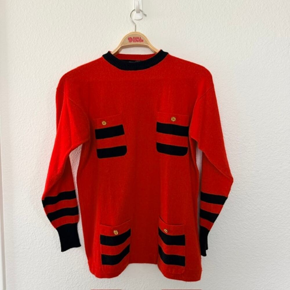 I. Magnin Cashmere Sweater Red w/Black Trim Gold Buttons Women's Large Vintage